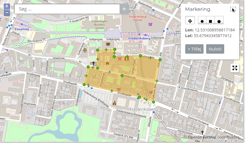 Kort over valgt område på Frederiksberg